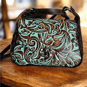 PATRICIA NASH Authentic Tooled Lucia Turquoise/ Brown Leather Crossbody Bag NWT
